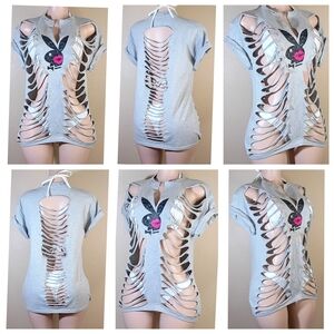 PLAYBOY Custom  Gray Distressed Bunny Tee